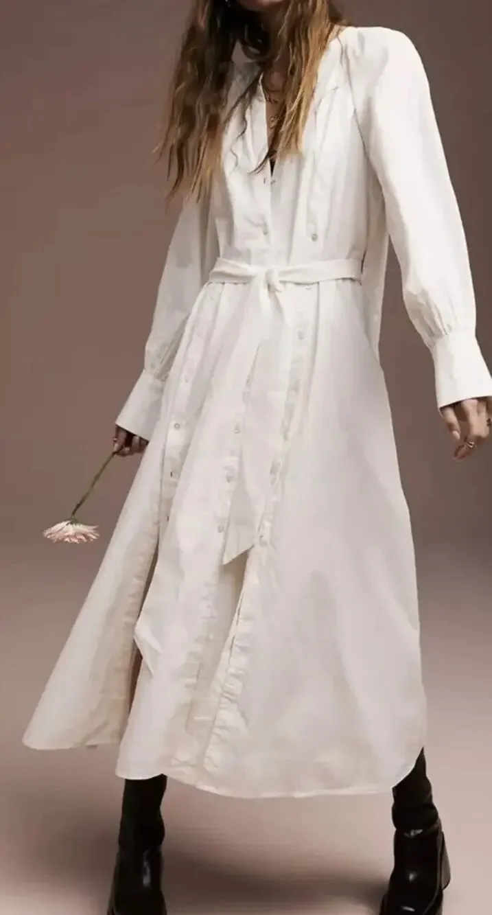 Free People Sz XS Charlie Shirt White V-Neck Pockets Slit Maxi Dress Trendy $198